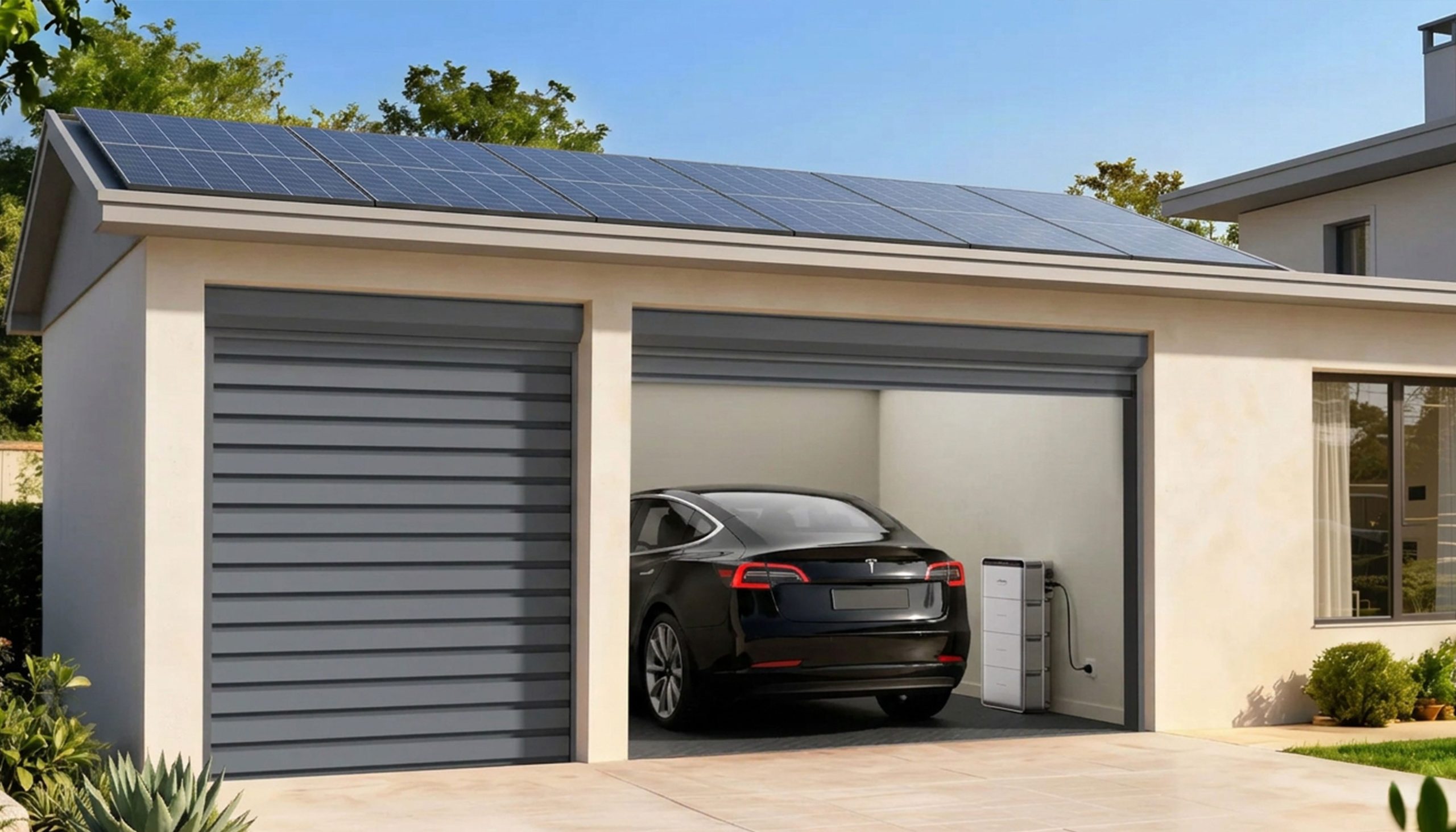 Batterie plug and play et recharge de voiture électrique à domicile Recharge d’une voiture électrique avec une batterie plug and play dans une maison équipée de panneaux solaires
