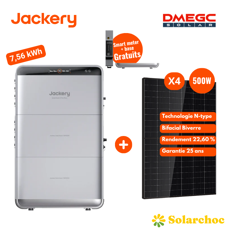 Pack 7,56kWh Batterie Plug and Play JACKERY SolarVault 3 Pro Max + 2 batteries BP2500 + 4 panneaux DMEGC 500W